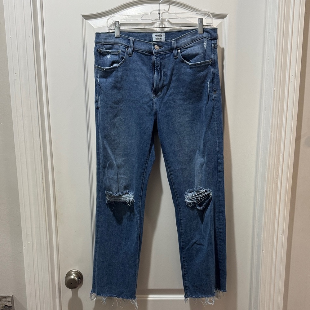 Kensie Medium Blue Distressed Straight Leg Jeans